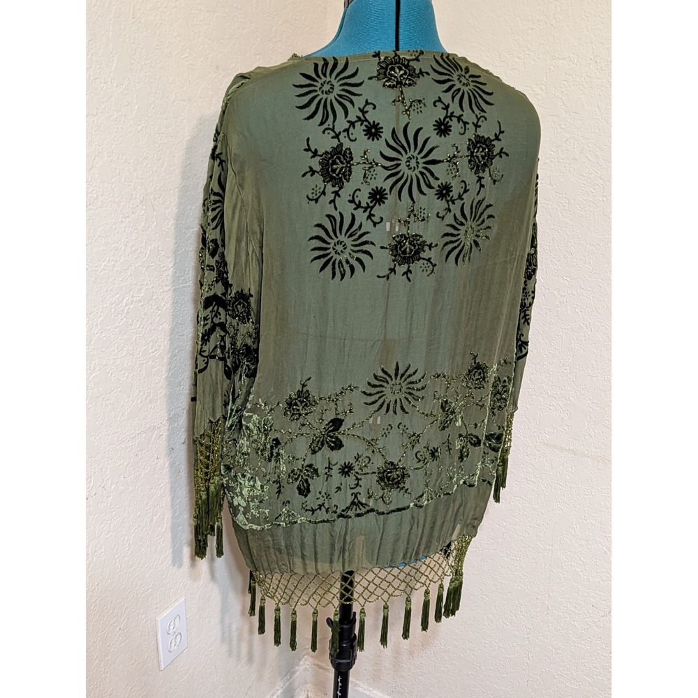 Lucys Silk Sage Green Velvet Burnout Floral Kimono Cardigan Beaded Fringe Wrap